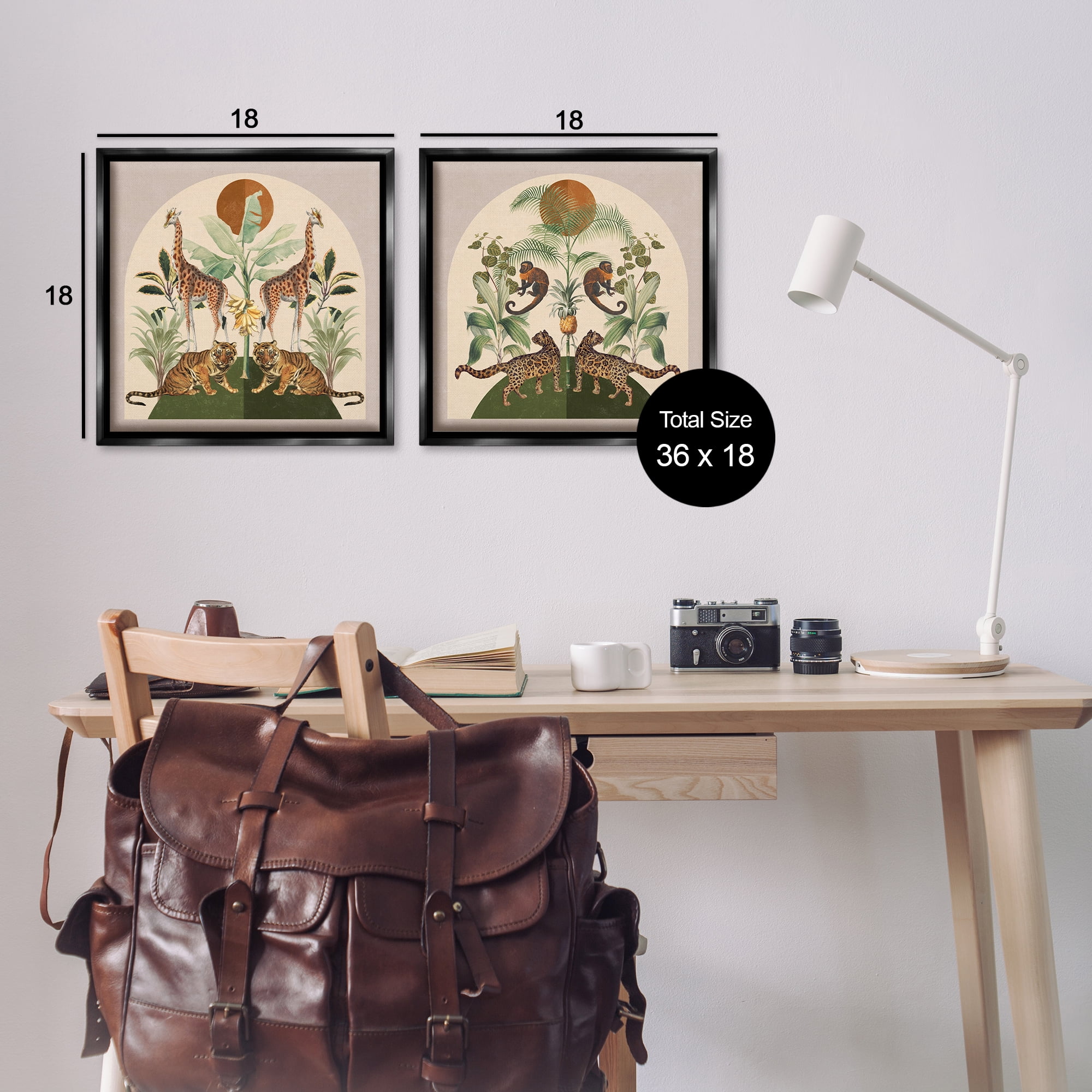 Stupell Industries Jungle Animals Foliage Illustration Animals Painting Black Floater Framed Canvas Art Print Wall Art, 18 x 18, Set of 2
