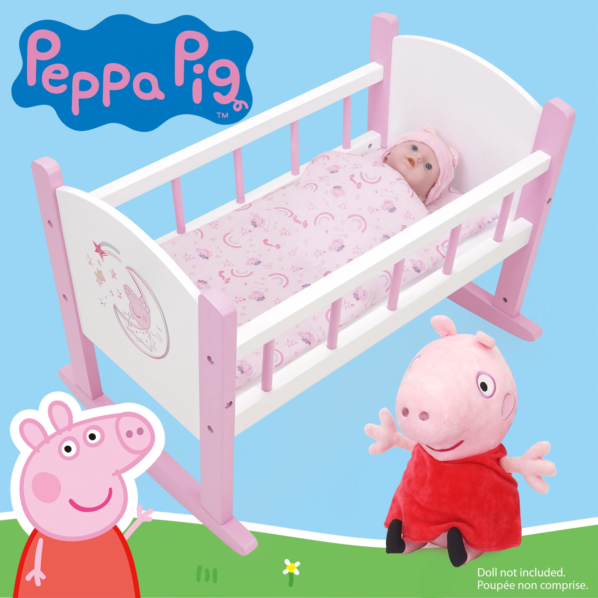 509 Crew: Peppa Pig - Wooden Doll Cradle - Pink-White-Moon, Rocking Bed, Pillow & Blanket, Doll & Plush Sleeping Accessory, Roleplay Toy, Kids 3+