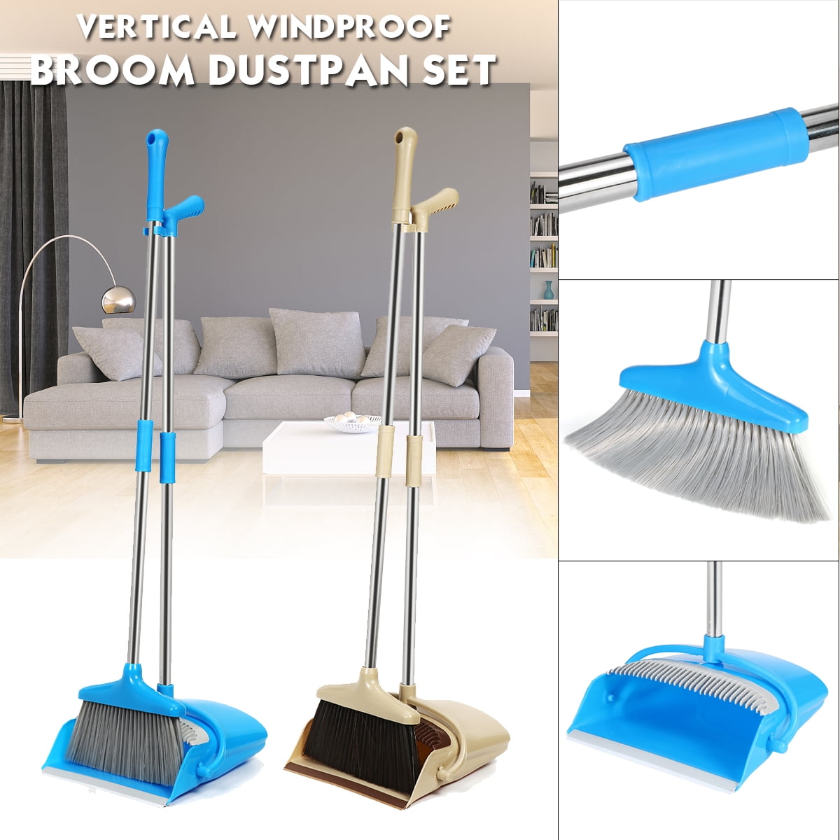 Broom and Dustpan Set Cleaning Supplies Upright Stainless Steel Rod Non-stick Hair Soft Brush Broom And Dustpan Extra Long Handle Rotatable Broom Set Home Kitchen Office Toilet Cleaning T