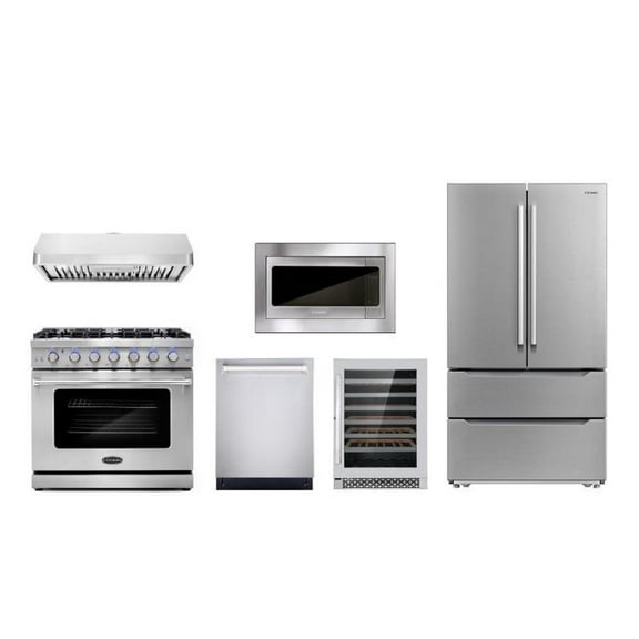 Cosmo 36" Range & Hood & Dishwasher & Wine Cooler & Fridge & Microwave Set