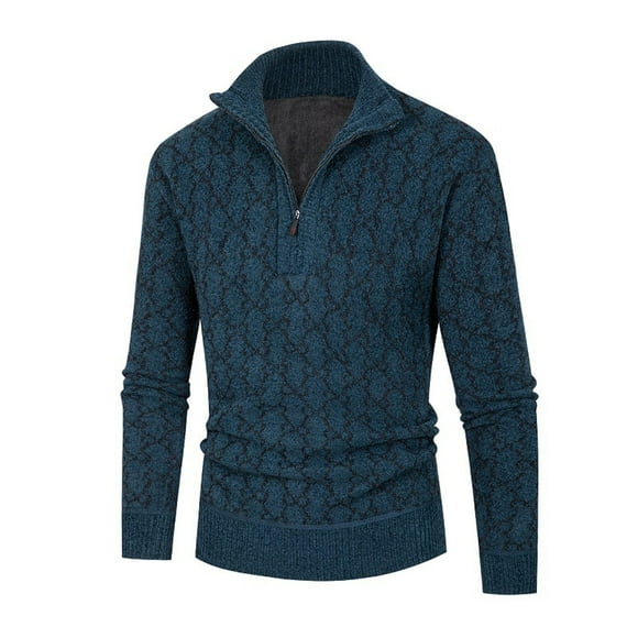 fartey Mens Sweater Knit Stand Collar Woolen Print Top Long Sleeve Slim Fall and Winter Warm Quarter Zip Pullover Sweater