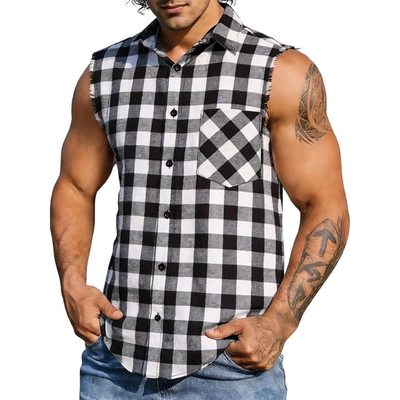 Horkkom Tank Tops Men Plaid Color Block Sleeveless Shirts Muscle Workout Button Down Shirt with Pockets, M-3XL