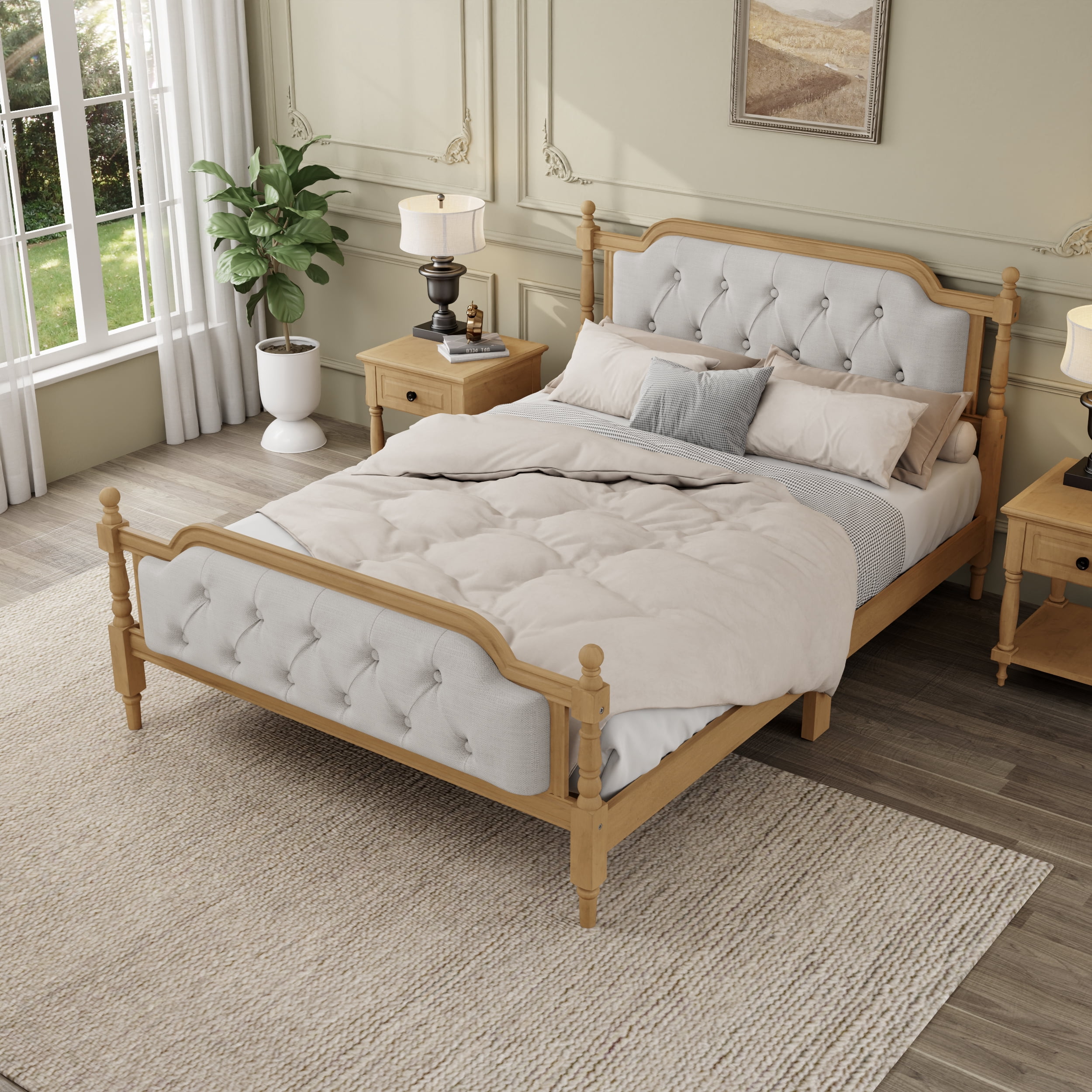 Euroco Traditional Wood Full Size Platform Bed with Upholstered Tufted Headboard, Walnut