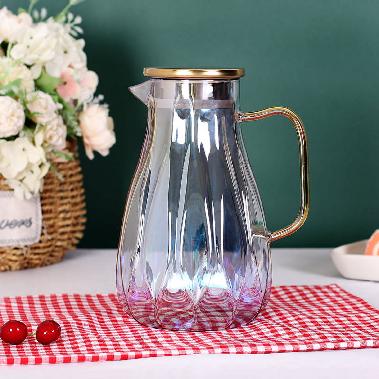 Glass Pitcher, 60oz CLear Glass Pitcher with Bamboo Lid and Spout