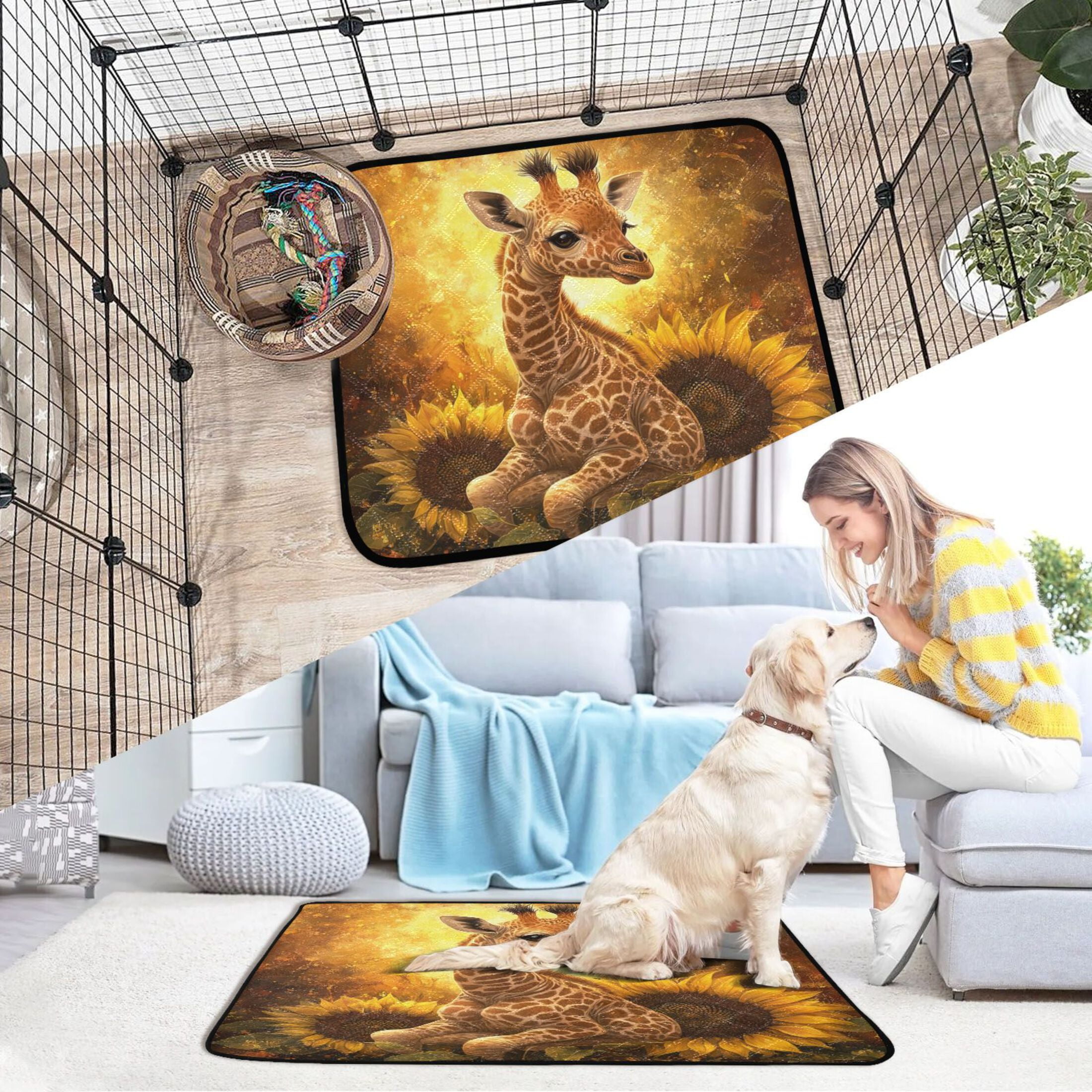 Qxltty Giraffe Sunflower Illustration Cat litter Pads Pet Set of 3 Diaper Mats Center Anti-leakage Layer Absorbent Soft and Comfortable