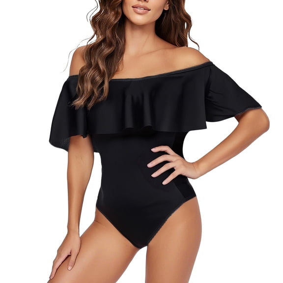 WAYUTE Womens One Piece Swimsuits 4 Layer Leak Proof Ruffle Solid Color Rash Guard Tummy Control Summer Beach Elegant Bathing Suit