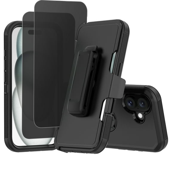 Hotpom Case for iPhone 16 Heavy Duty Shockproof Dustproof Phone Case with Privacy Screen Protector Tempered Glass & Belt Clip, Black