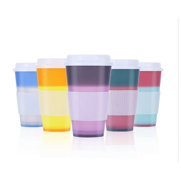 Heat Sensitive Coffee Magic Mugs - 5 Pack Color Changing Cups for Hot Drinking, 16 oz Reusable Cups with Lids and Silicone Sleeves, Party and Daily Hot Water Cups