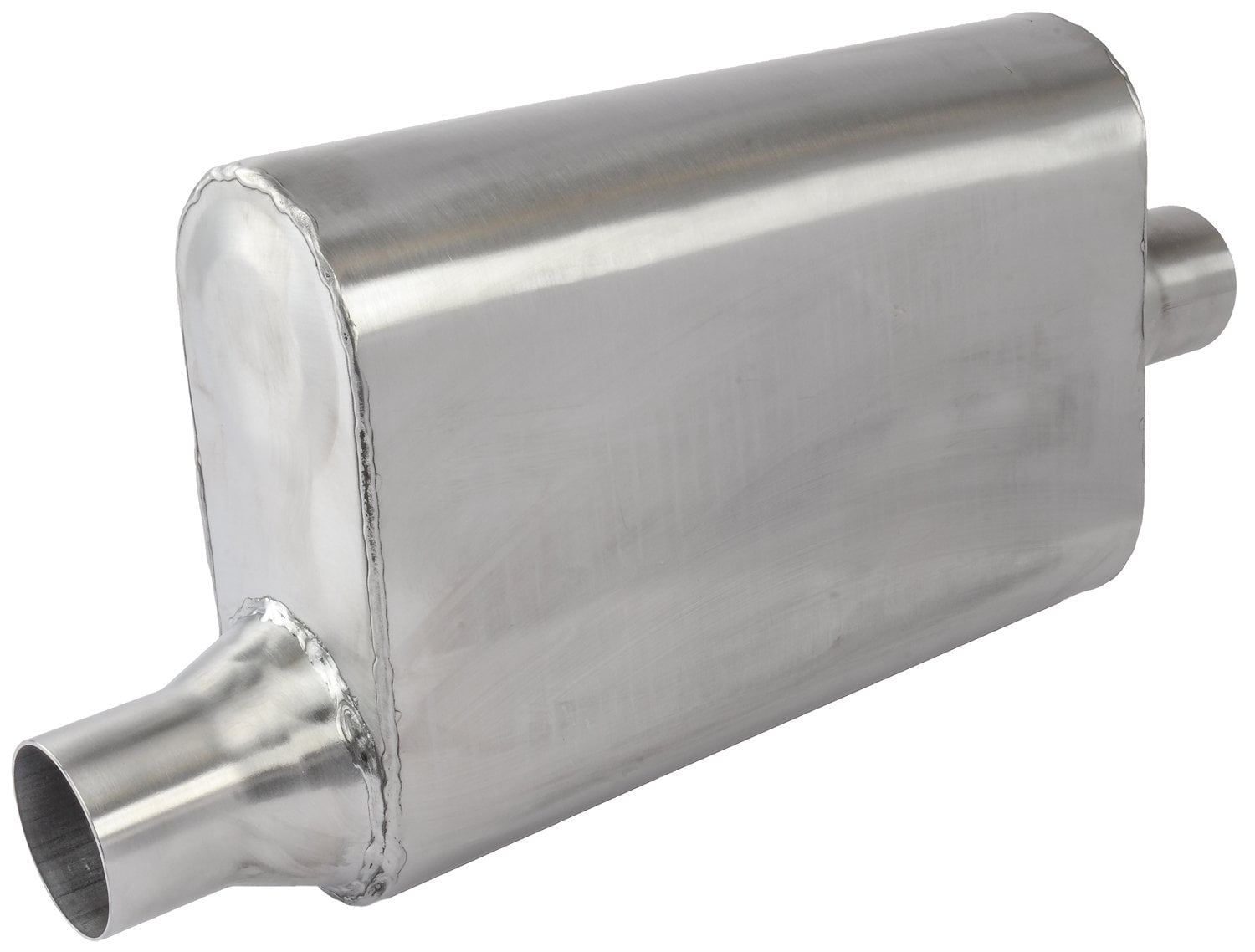 2.5” Dual Inlet/Dual Outlet Diameter JEGS Chambered Deep-Tone Muffler Overall Length Of 19” Stainless Steel Muffler Body: 9” Wide x 4” High x 13” Long