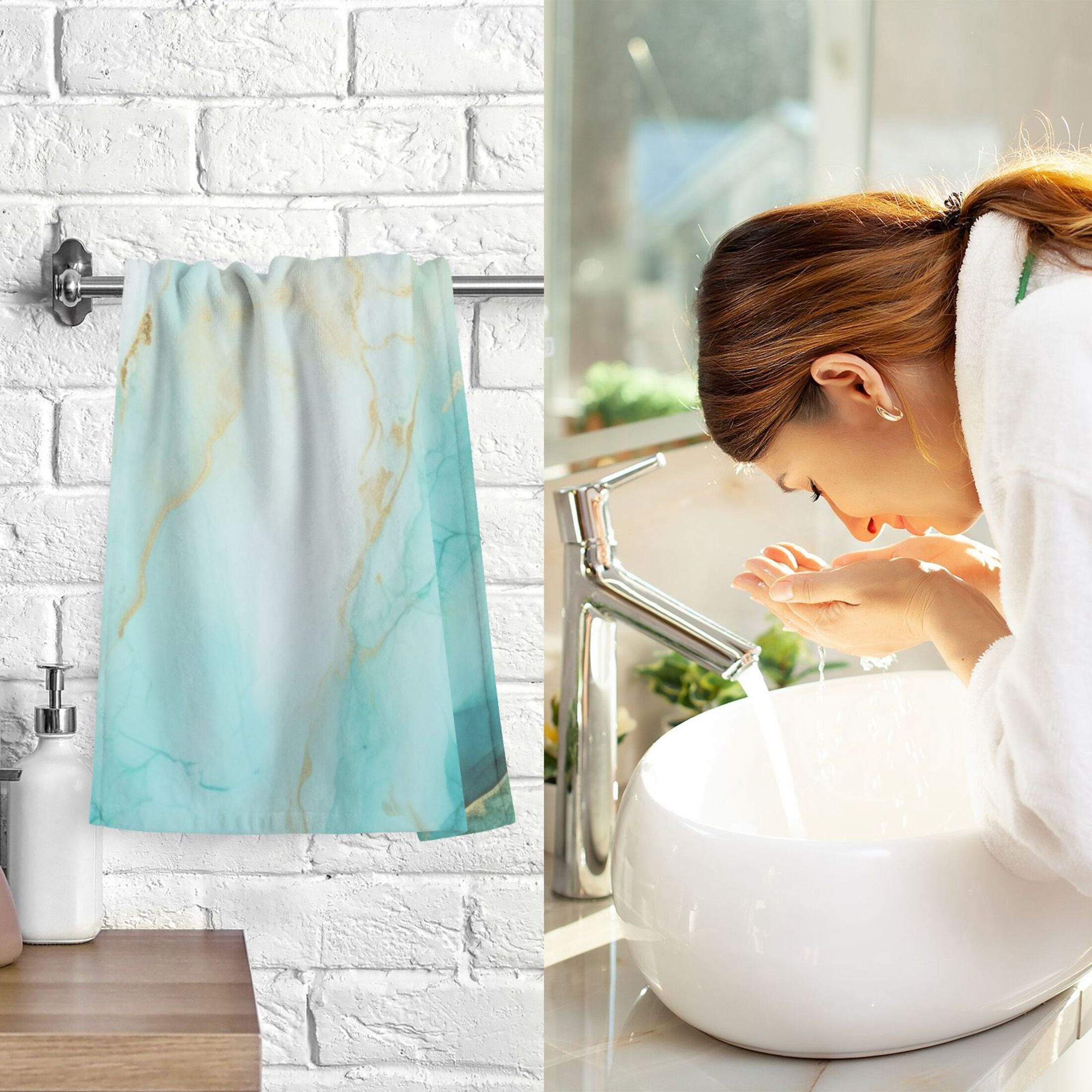 2 Pcs Hand Towel Set Aqua White Marble Cotton Absorbent Soft Face Towels Bath Towels for Bathroom Kitchen Shower Hotel Decor 16"x28"