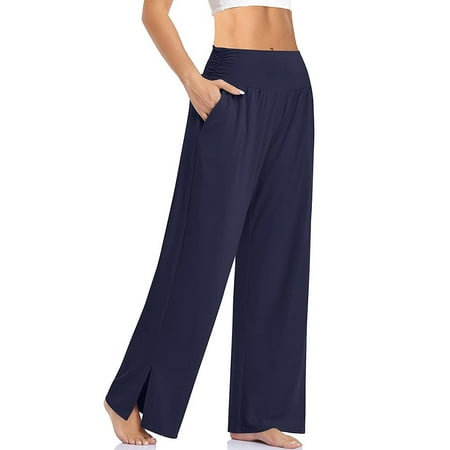 

YIWEI Women Wide Leg Comfy Pants Casual Loose Yoga High Waisted Lounge Pajama Pockets Dark Blue M
