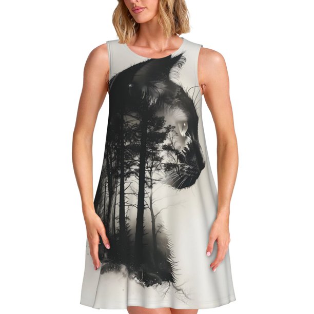 Disketp Double Exposure Cat Forest para Vestido sin Mangas para Mujeres, Vestidos de Verano para Mujeres, Casual y Holgado para la Playa