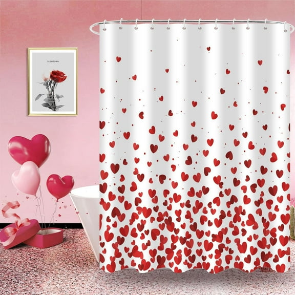 Valentine''s Day Shower Curtain, Red Falling Heart Love Theme Romantic Bathroom Curtain Waterproof Fabric Machine Washable with Hooks, 72" Wx72 L