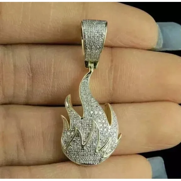 Men's Fire Flame Pendant 2 Ct Round Cut White Moissanite 14k Yellow Gold Plated