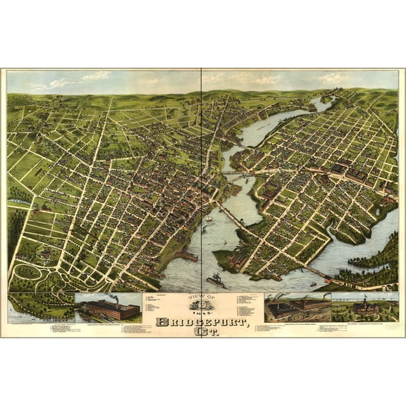 24"x36" Gallery Poster, birdseye View map of Bridgeport, Connecticut 1875