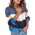 thumbnail image 4 of Pull Femme à Blocs de Couleur Rayé Col Rond Pull Ample Blouse à Manches Longues, Bleu, S, 4 of 5