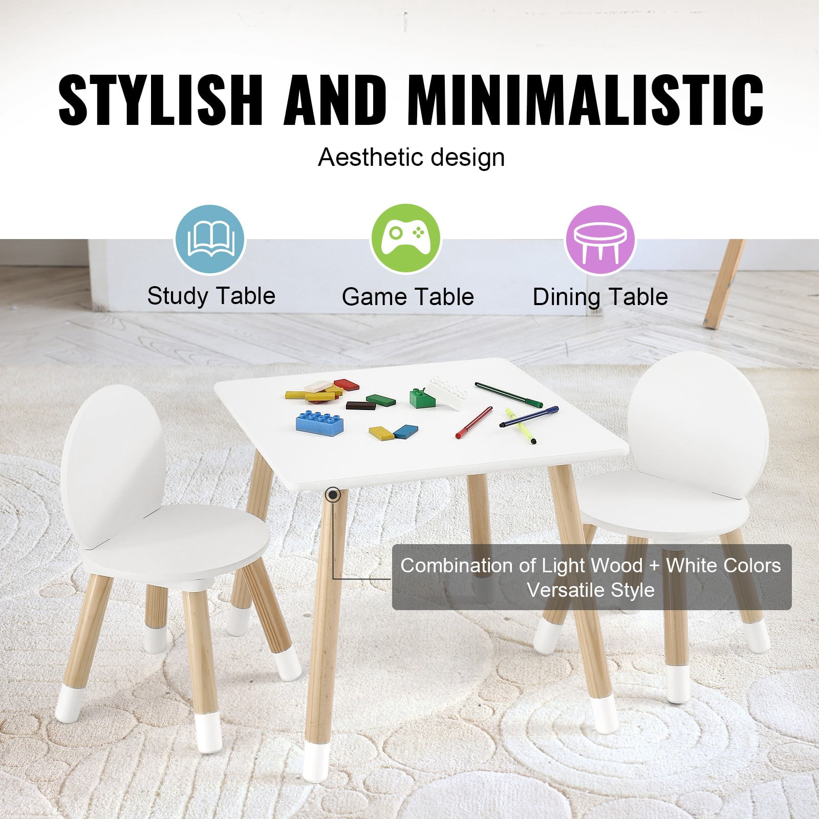 Kids Table and Chairs, Toddler Table and Chair Set, Children Wooden Multi-Activity Table for Play, Art, Craft, Reading, Learning, Eating, 1 Table and 2 Chairs