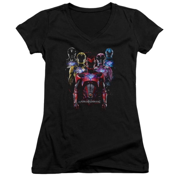 Power Rangers Team Of Rangers Junior Women's V-Neck T-Shirt Black