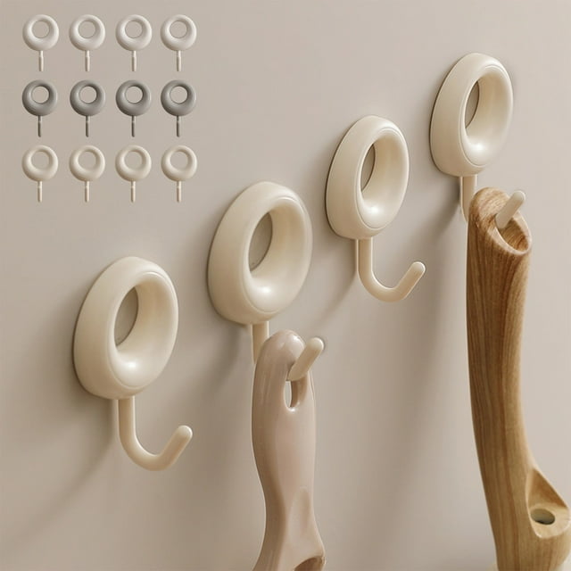 Ganchos de Pared Adhesivos Resistentes | Ganchos para Colgar Sin Taladros para Baño y Cocina | Paquete de 4 Ganchos Resistentes Que No Dejan Marcas En Blanco, Gris y Beige