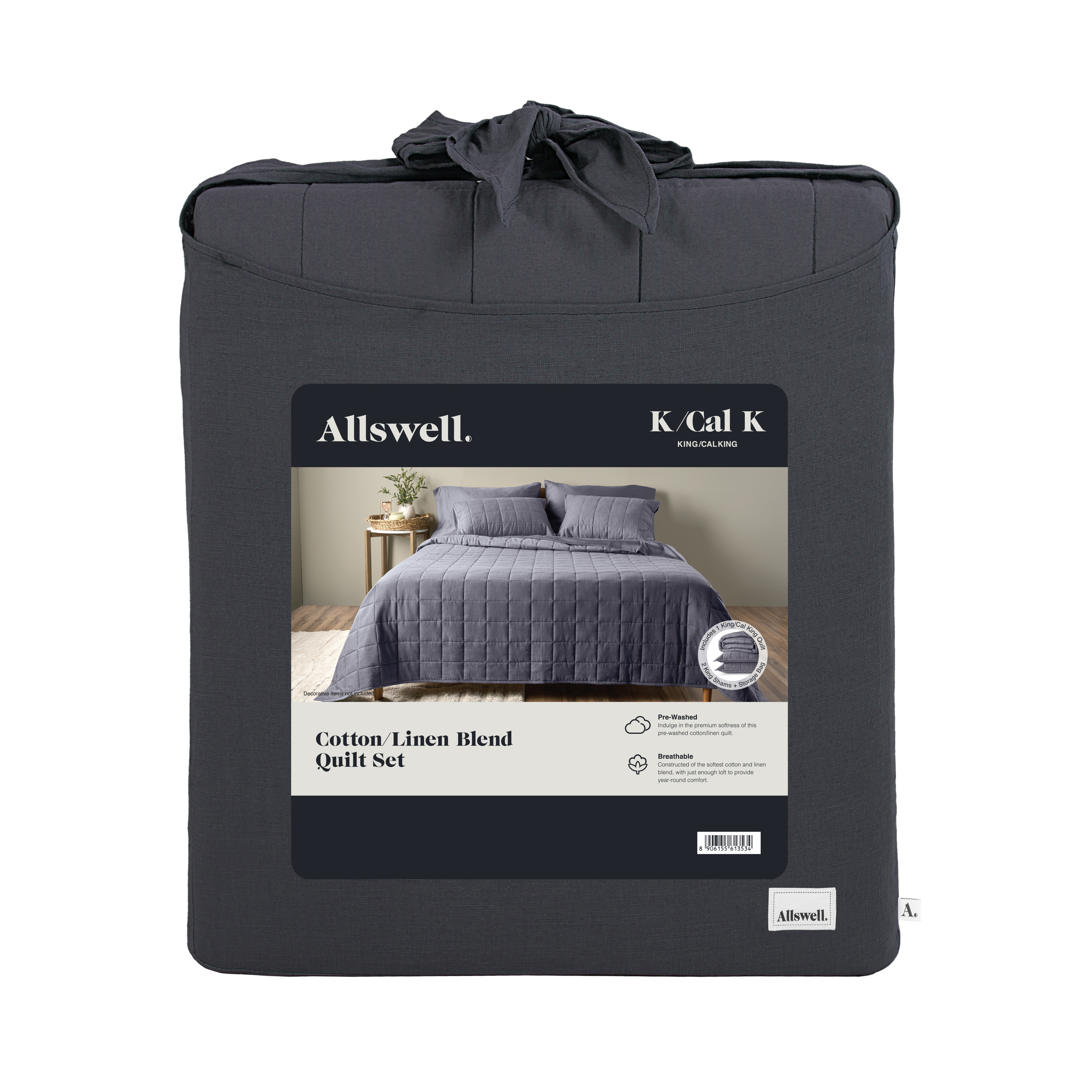 Allswell Cotton Linen Blend Quilt Set, Gray Shark, Full/Queen