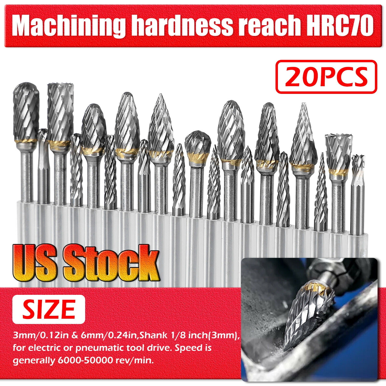 20Pcs Head Tungsten Carbide Rotary Drill Bits Burr Die Grinder Shank Carving Set 