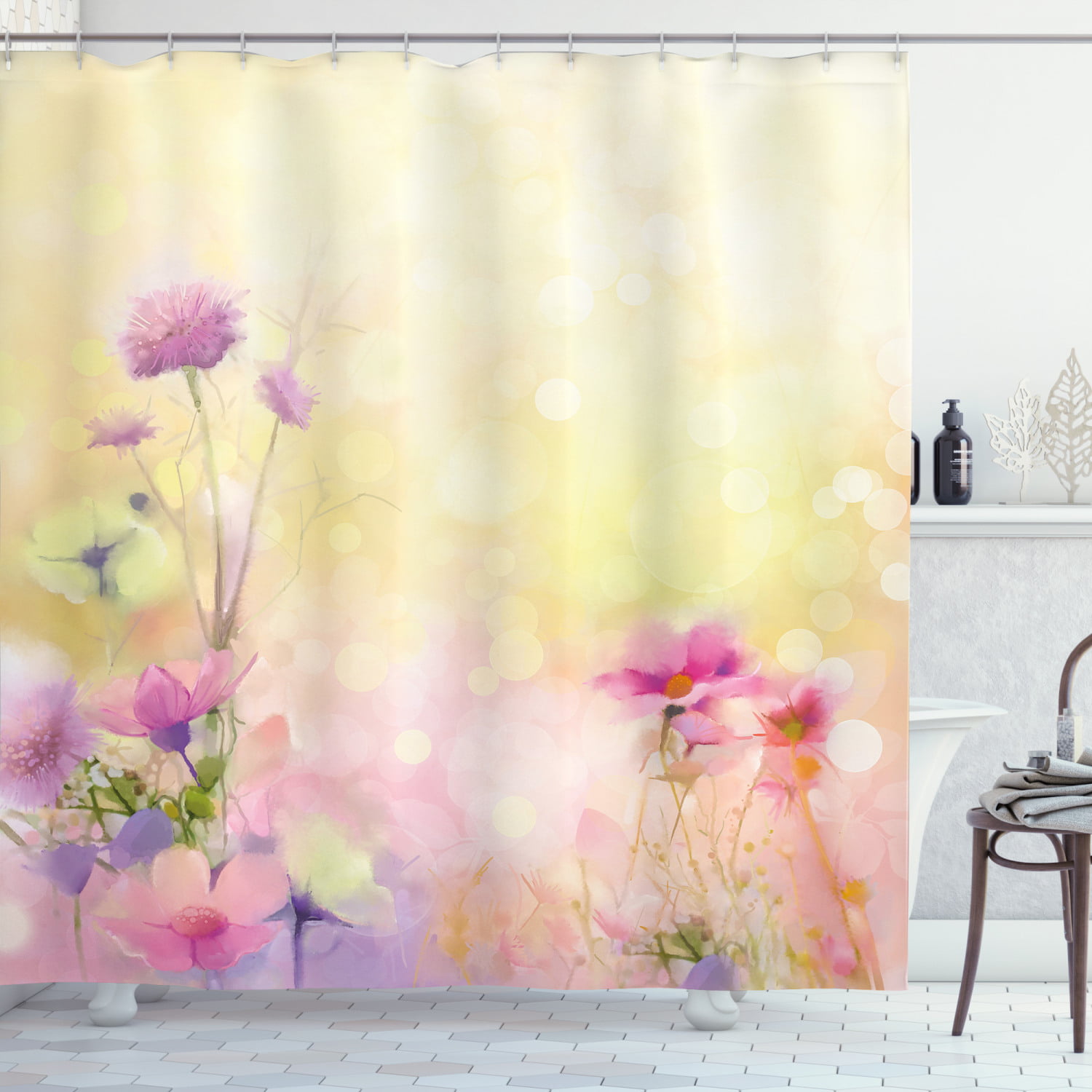 Spring Pink Peach Flower Bathroom Shower Curtain Waterproof Fabric 12 Hooks 