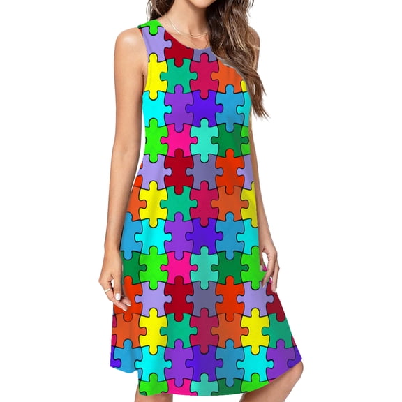 Colorful Puzzle Piece Spring Summer Dresses For Women Fashion Dress Casual Sleeveless Loose Sundress With Pockets