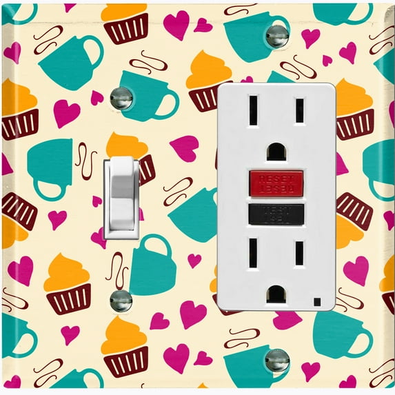 Metal Light Switch Wall Plate Outlet Cover (Coffee Espresso Mocha Cup Heart Cupcake Pattern Beige - Single Toggle Single Rocker)