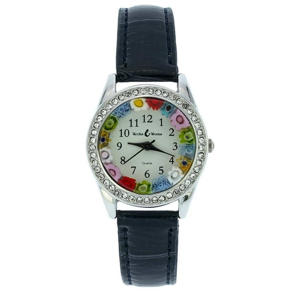 GlassOfVenice Murano Glass Watch Millefiori And Crystals With Leather Band - Black
