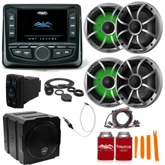 Wet Sounds Ultimate Golf Cart Audio Bundle, Radio, 4-RGB Silver Grill 6.5" Speakers, 8" powered sub, Wiring Kit