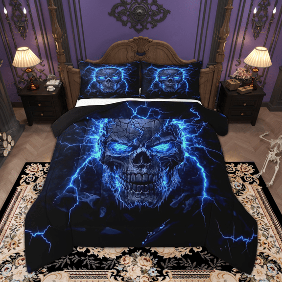 Manfei Gothic Skull Skeleton Full Size Comforter Sets, Neon Blue Lightning Bedding Comforter Set, Happy Halloween Theme Bedding Sets, Breathable Home Decor Reversible 3pcs