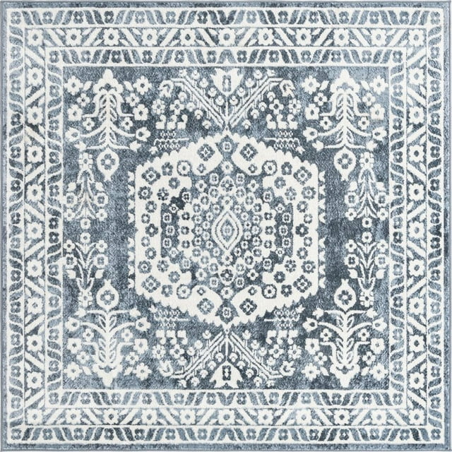 Unique Loom Oxford Medallion Border Rug 6' x 6' Square Blue/Ivory