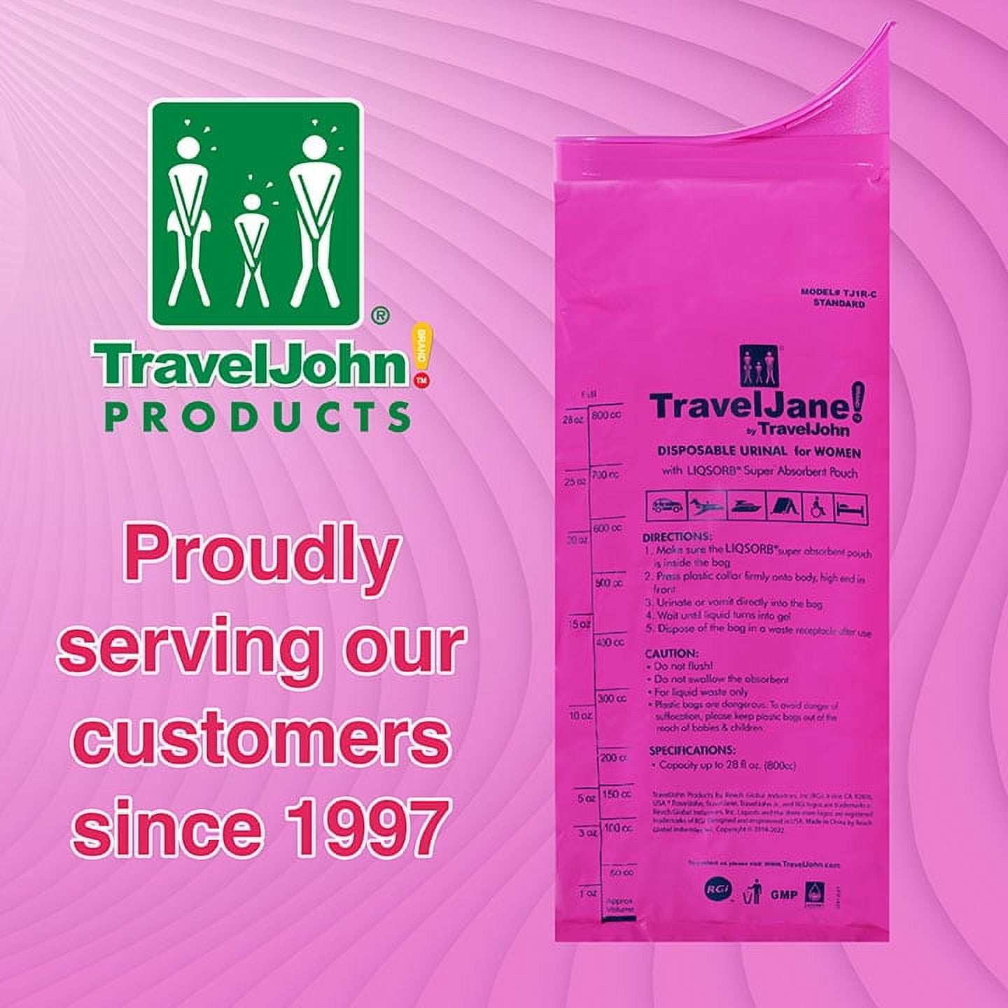 TravelJane Disposable Urinal for All Genders, Adults, and Children (6 Pack) Designed for Emergencies, Travel, Camping, Long Car Rides and more - 28oz/800ml capacity (TJ1R-C)