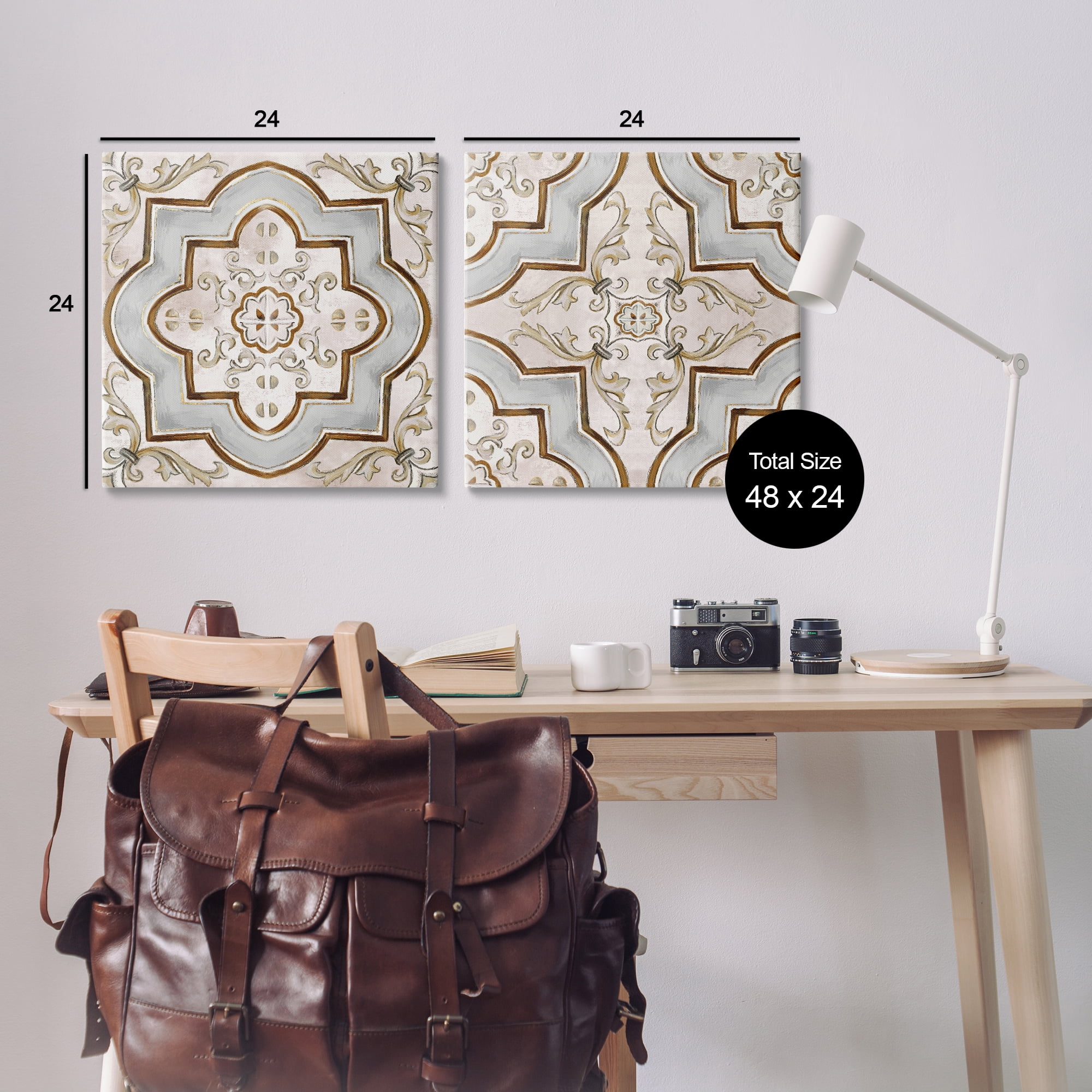 Stupell Industries Moroccan Tile in Neutrals Abstract Painting Wrapped Canvas Art Print Wall Art, 24 x 24, Set of 2