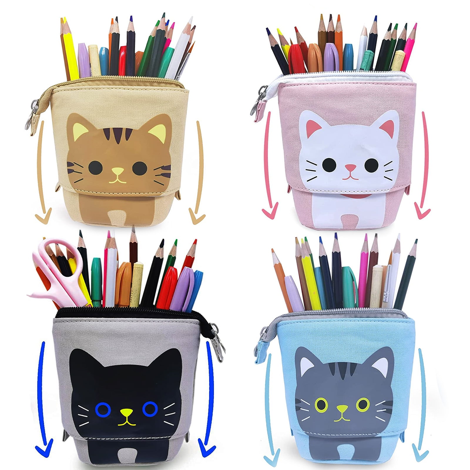Cute Telescopic Pencil Pouch Standing Pen Holder Portable Cartoon Pencil Bags Stand Up Pen Case Stationery Storage Box 1pc Black