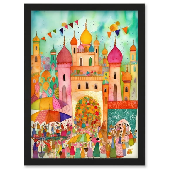 Islam Eid Al-Fitr Feast Folk Art Watercolour Painting Artwork Framed Wall Art Print A4