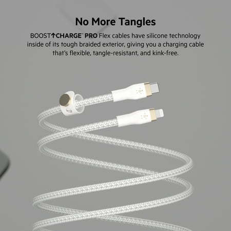 Belkin - BoostCharge Flex Silicone USB-C to Lightning Cable 6.6FT, MFi-Certified Charging Cable with Cable Clip - White