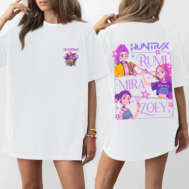 Pop cazadora para niña Hunters Round-Neck Printed Anime Trio Poster T Shirt (White)