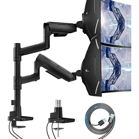 ARES WING Dual Monitor Mount with USB for 17–49" Ultrawide Screens, Heavy Duty Gas Spring Monitor Arm Desk Mount, Vertical Stacking Dual Monitor Stand with Clamp & Grommet, VESA 75x75 100x100, Black