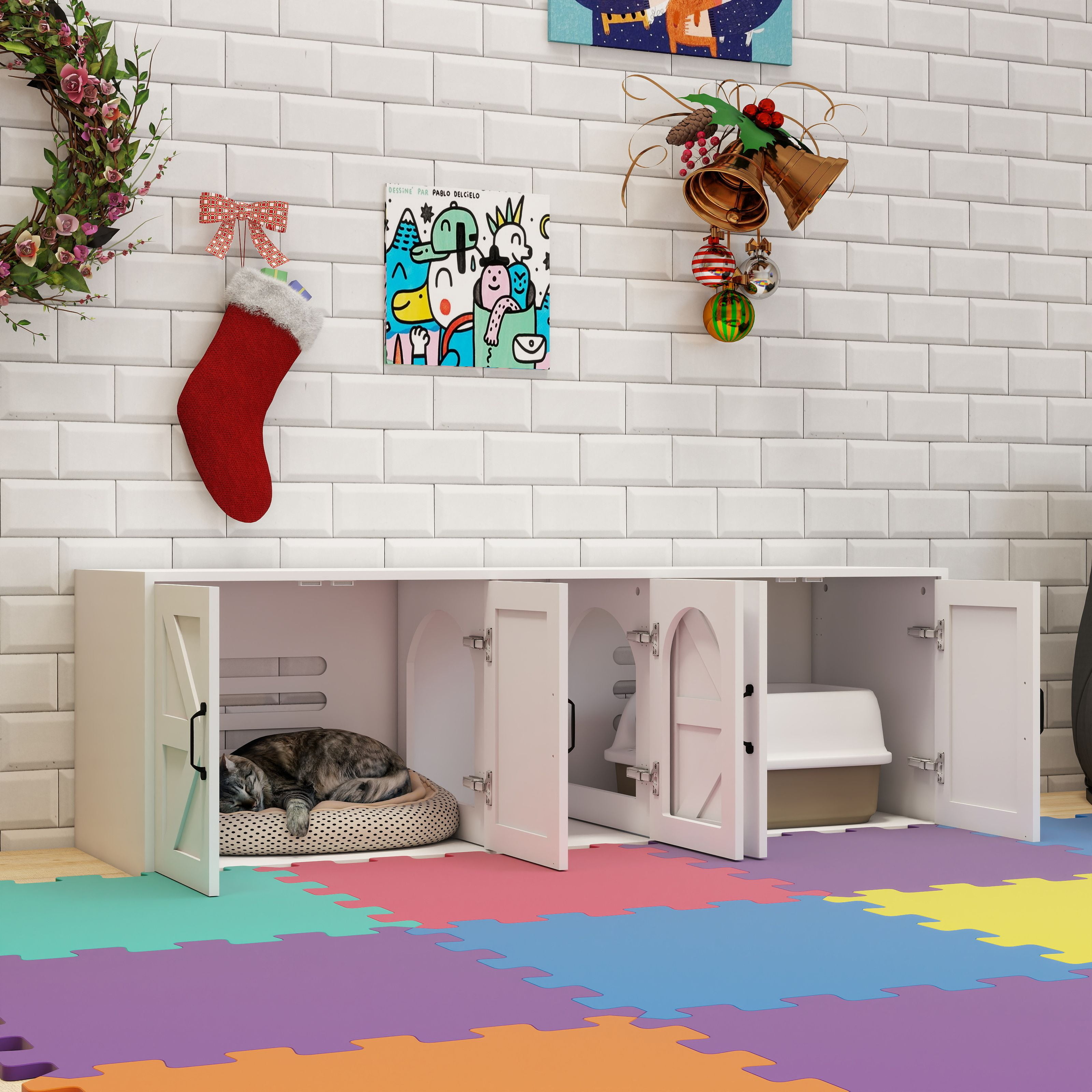 resenkos 59" Double Cat Litter Box Enclosure, Litter Box Furniture Hidden with Double Room, Indoor Cat House with Cat Door, White
