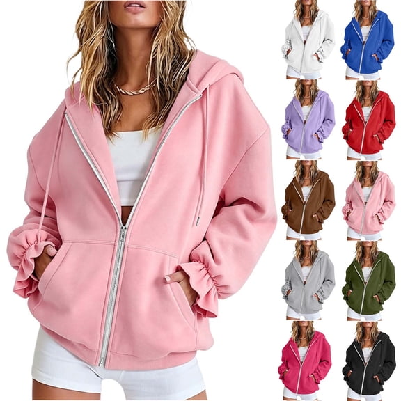 Brqkzdu Zip Up Hoodies for Women Long Sleeve Comfy Hooded Sweatshirt Fall Loose Fitting Oversized Sweatshirt with Pockets