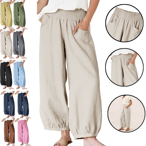 LEKWK Linen Pants Women High Elastic Waist Lightweight Pants Wide Leg Ribbed Ankle Cuffs Lounge Trousers with Pockets Summer Beach Vacation Pants