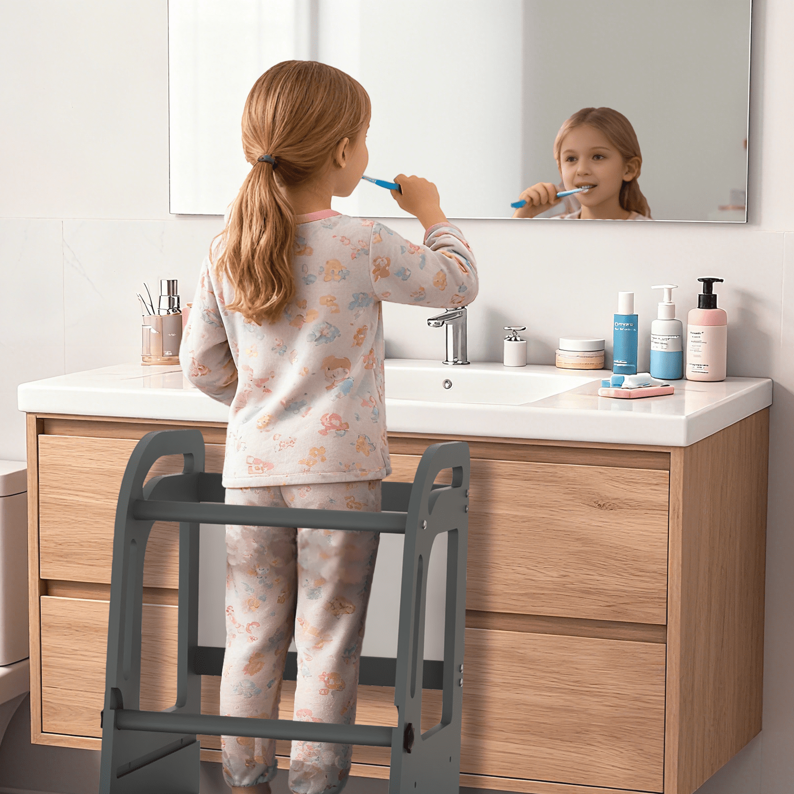 G TALECO GEAR Toddler Tower with Chalkboard, Toddler Kitchen Kids Step Stool Helper, Wooden Stool with Rounded Corner Protection Design, Gray