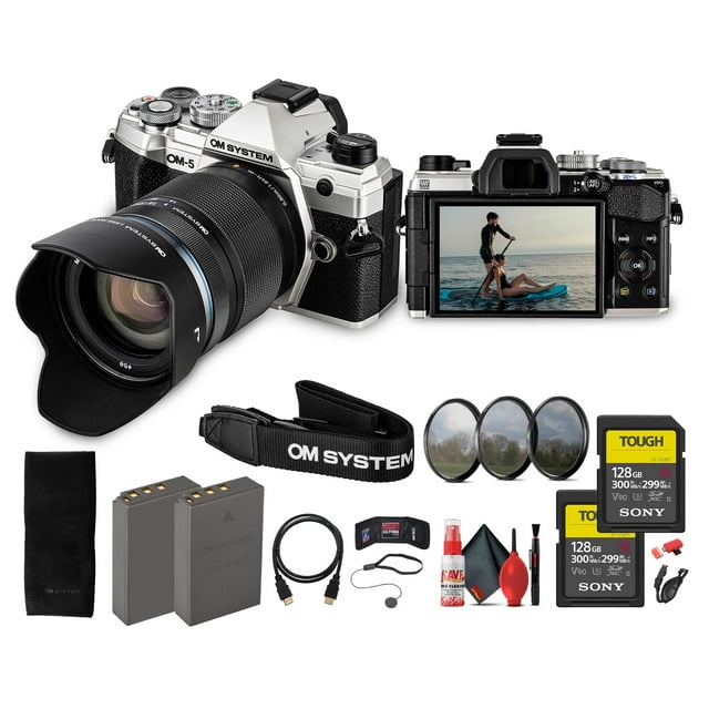 OM SYSTEM OM-5 Mirrorless Camera with 14-150mm f/4-5.6 II Lens in Silver Bundle Including: 2x 128 GB Memory Card, Added Battery, 3-Piece Filter Kit, Shoulder Strap, Cleaning Kit, Card Reader, More