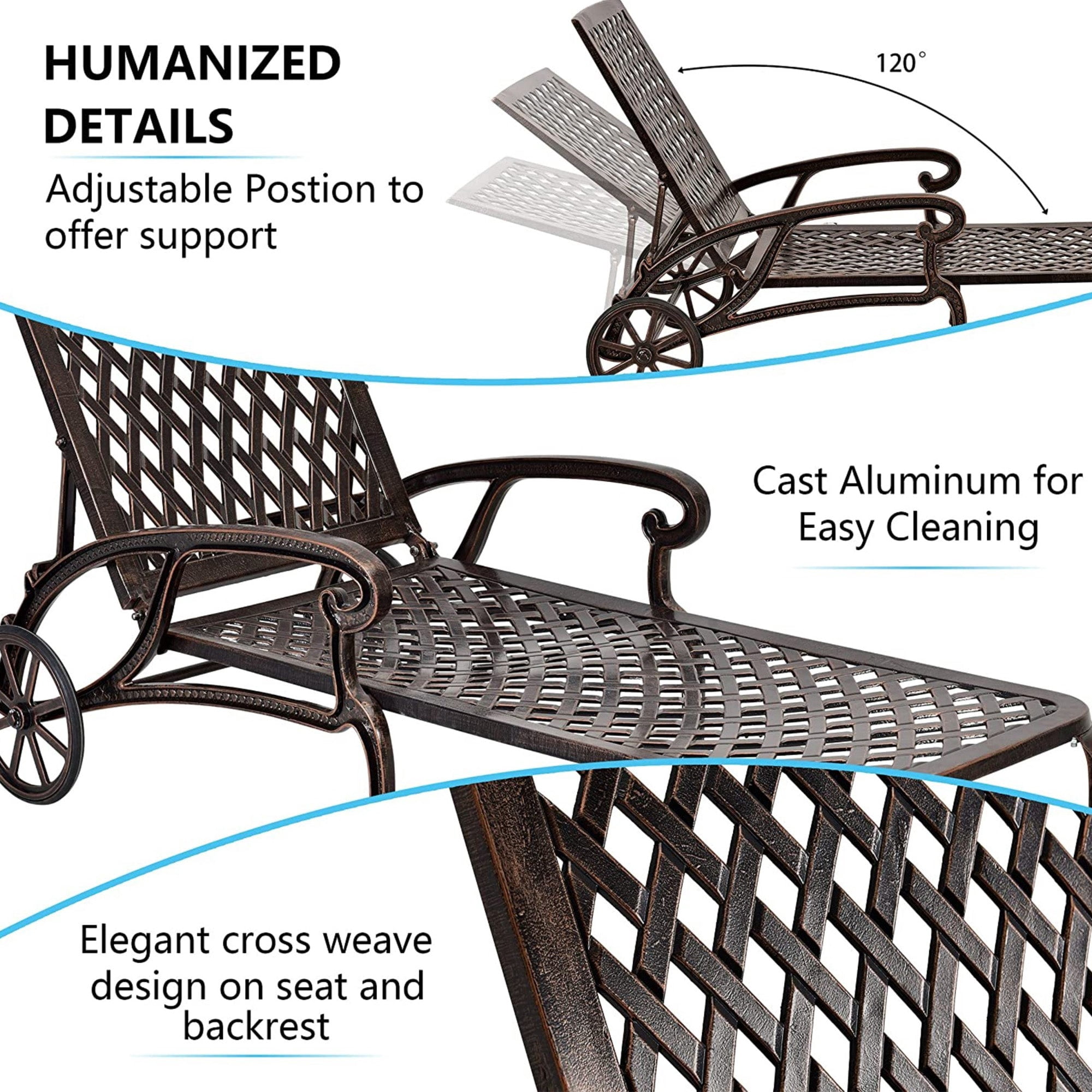 Sailvan Cast Aluminum Patio Lounge Chair,Adjustable Reclining Chaise with Wheels and Cross Weave Design Brown
