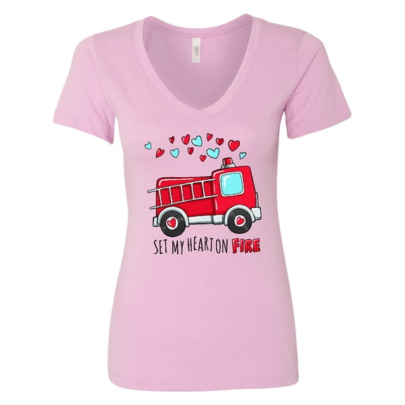 Inktastic Set My Heart on Fire Valentine Fire Truck with Hearts Women's V-Neck T-Shirt