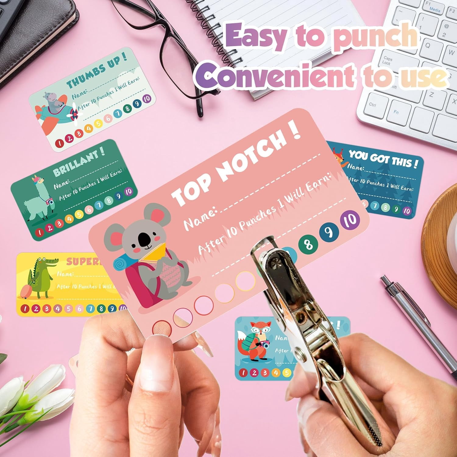 Reward Card Punch Cardstock with Hole Puncher for Behavior Incentive, Animal Styles