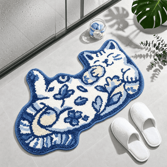 Bathroom Rug, Cute Bath Mat, Cat Bathroom Decor, Soft Absorbent Microfiber Irregular Cat Shaped Bath Mat Non Slip Rubber Back Machine Washable Floor Mat for Home Bathroom Bedroom Decor