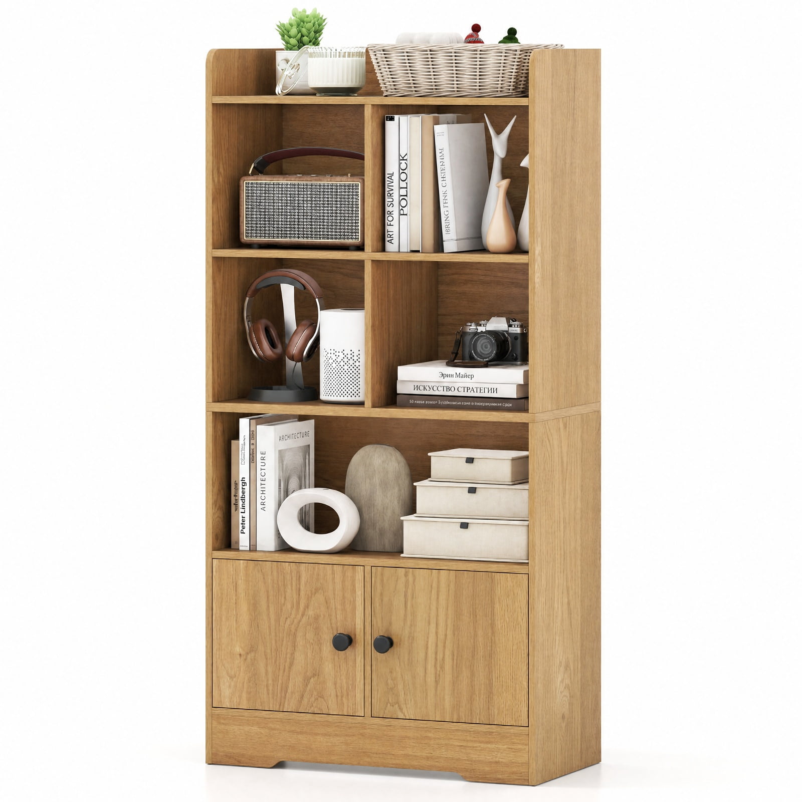 Furnibear 4 Tiers Bookshelf with 4 Cubes Display Shelf and 2 Doors for Living Room Home Office Bedroom Display Storage Shelf, Natural