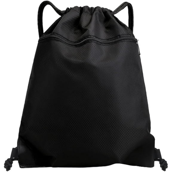 Black Drawstring Backpack Bag Waterproof Draw String Back Sack with Zip Pocket Oxford Cloth Lightweight Sport Gym Storage Knapsack for Swimming Traveling Outdoor Men Women 15.7x13.2in 1pc